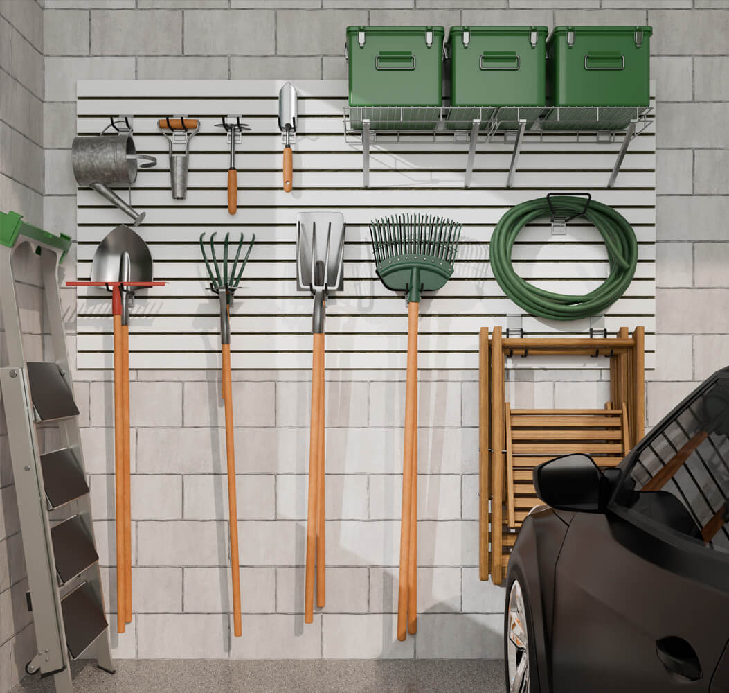 Black laminate slatwall garage organization